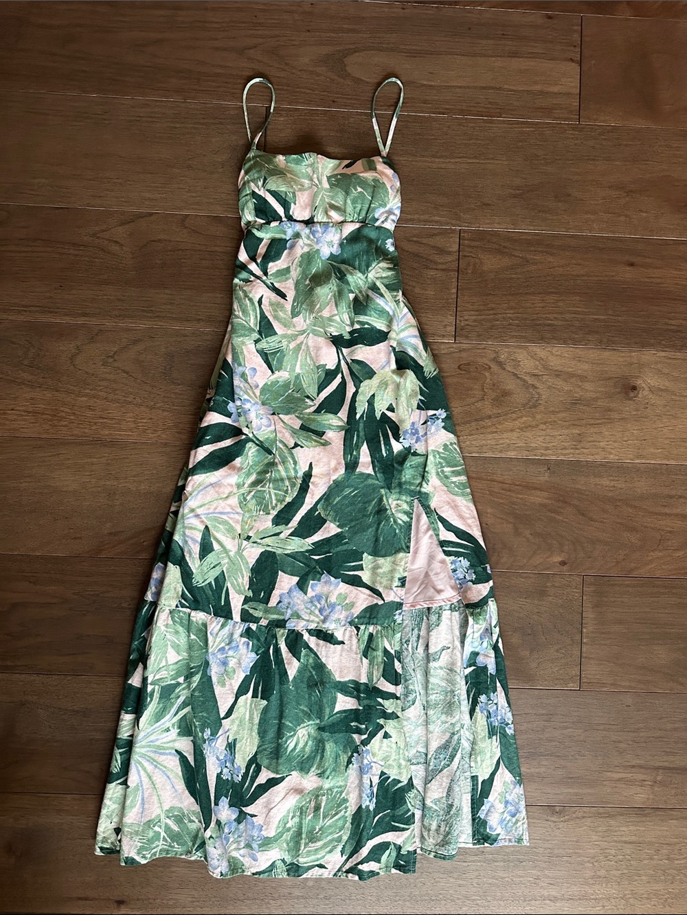 Hollister Linen Blend Open Back Babydoll Maxi Dress, Green Floral, XXS